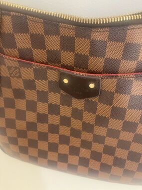 Designer-Style Brown Checkered Crossbody Bag with Red Accent Strap